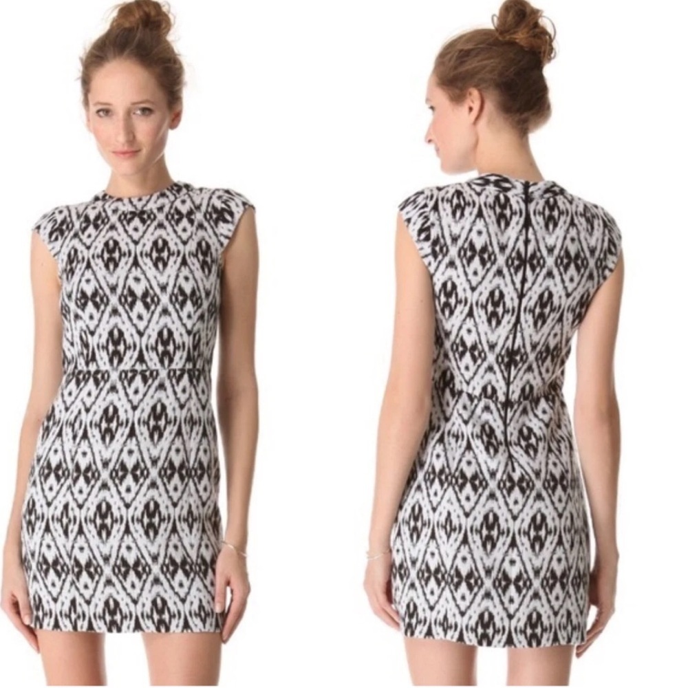 Theory Orinthia Cap Sleeve Printed Mini Dress 8 Black & White Ikat NEW!